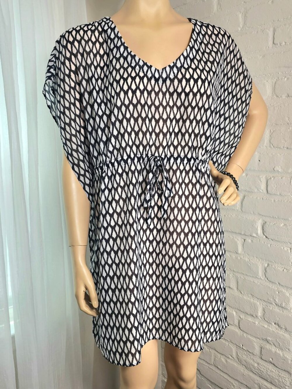Talbots Swim Cover Up Dress Black White Geometric Print Drawstring Waist Size M